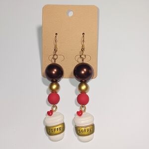 HANDMADE Gold, Red, & Brown Chic Coffee Cup Earrings for Coffee Lovers